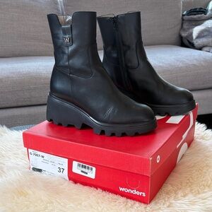 Wonders Leather Black Platform Wedge Waterproof Heeled Boots for Women